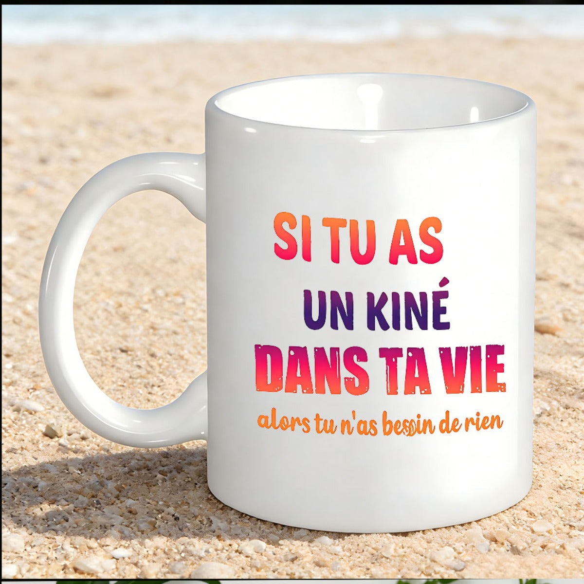 Tailorly White Ceramic 11 oz Mug - Sleek With Colorful Gradient Lettering Set On Sand Mug