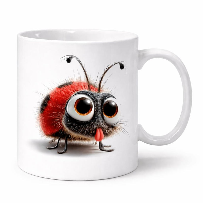 Tailorly White Ceramic 11 oz Mug - Adorable Tiny Fluffy Character With Large Expressive Eyes And Red Spotted Ladybug