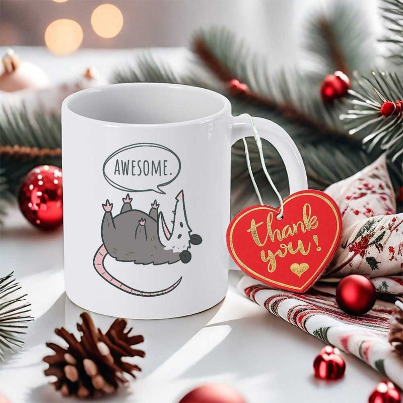 Tailorly White Ceramic 11 oz Mug - Awesome Playful Cartoon Character Lying On Its Back With Speech Bubble Opossum