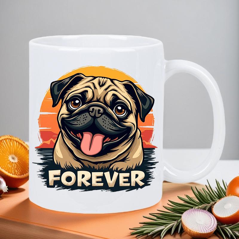 Tailorly White Ceramic 11 oz Mug - Forever Vibrant Retro Sunset Scene With Happy Smiling Cartoon Style Pug