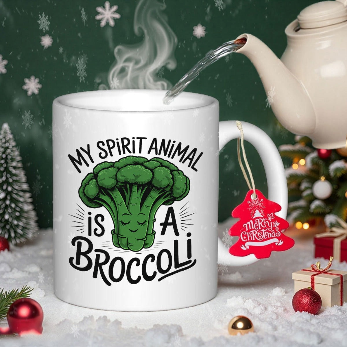 Tailorly White Ceramic 11 oz Mug - My Spirit Animal Is A Broccoli Friendly Smiling Cartoon Vegetable Feature With Vivid Green Colors Broccoli
