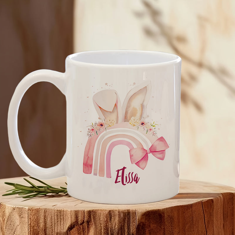 Tailorly White Ceramic 11 oz Mug - Elissa Soft Pastel Rainbow Surrounded By Floral Accents And Bunny Ears Bunny