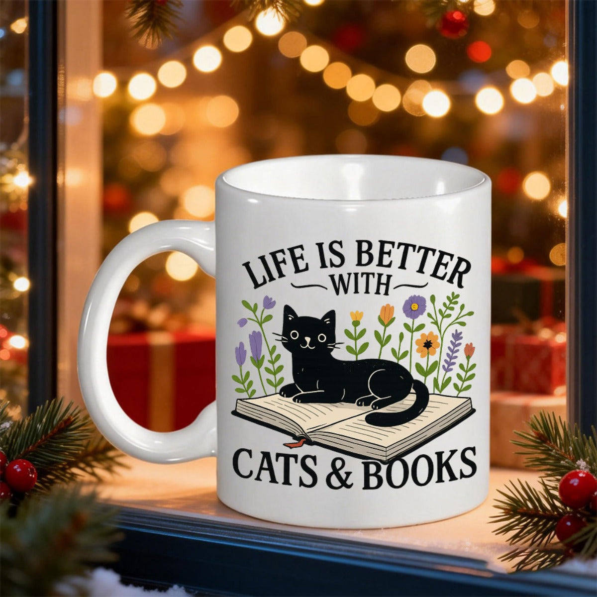 Tailorly White Ceramic 11 oz Mug - Life Is Better With Cats Books Adorable Black Cat Lying On Open Book Among Colorful Wildflowers Cat