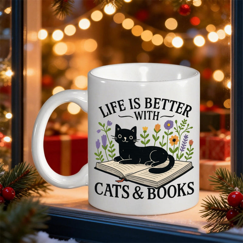 Tailorly White Ceramic 11 oz Mug - Life Is Better With Cats Books Adorable Black Cat Lying On Open Book Among Colorful Wildflowers Cat
