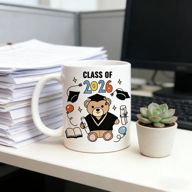 Tailorly White Ceramic 11 oz Mug - Class Of 2026 Adorable Cartoon Bear Wearing Graduation Gown Holding Diploma Among Mortarboards And Balloons Bear