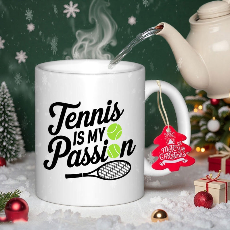 Tailorly White Ceramic 11 oz Mug - Tennis Is My Passion Merry Christmas Professional Sports Equipment Set Within Festive Winter Snow Landscape Racket