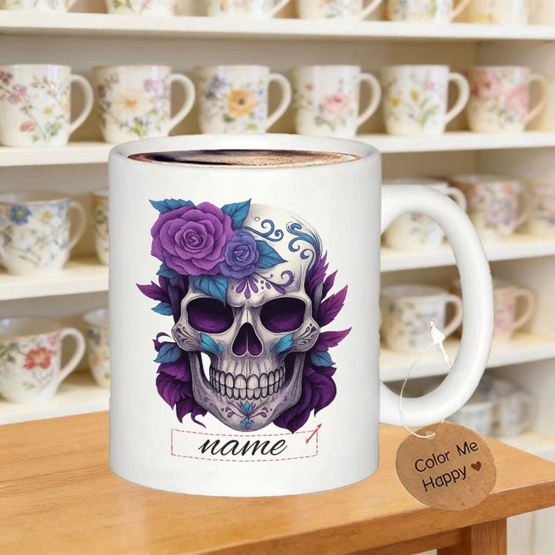 Tailorly White Ceramic 11 oz Mug - Name Color Me Happy Artistic Sugar Skull Decorated With Purple Roses And Vibrant Colorful Floral Patterns Skull