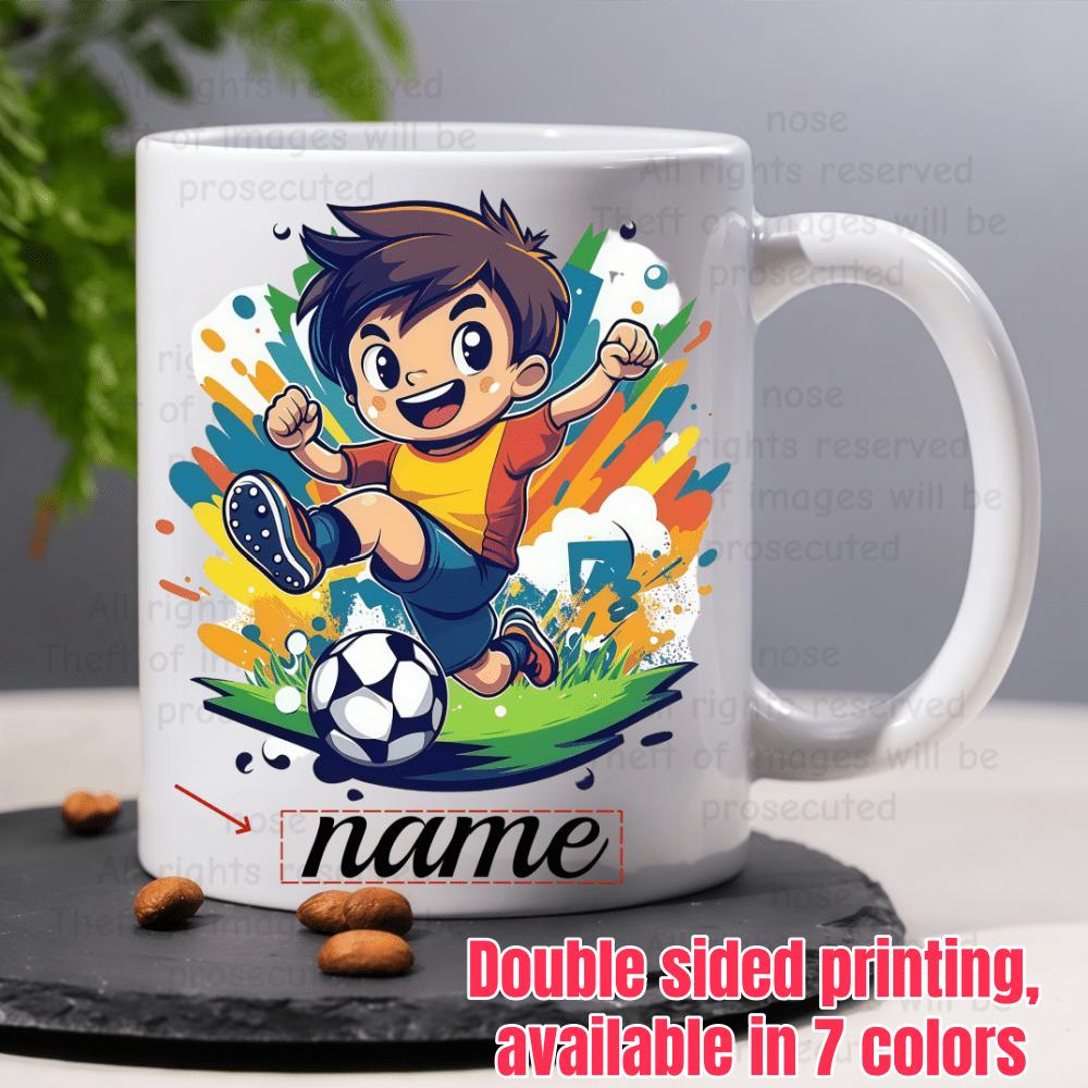 Tailorly White Ceramic 11 oz Mug - Name Energetic Animated Child Playing Soccer Surrounded By Vibrant Artistic Splashes Boy