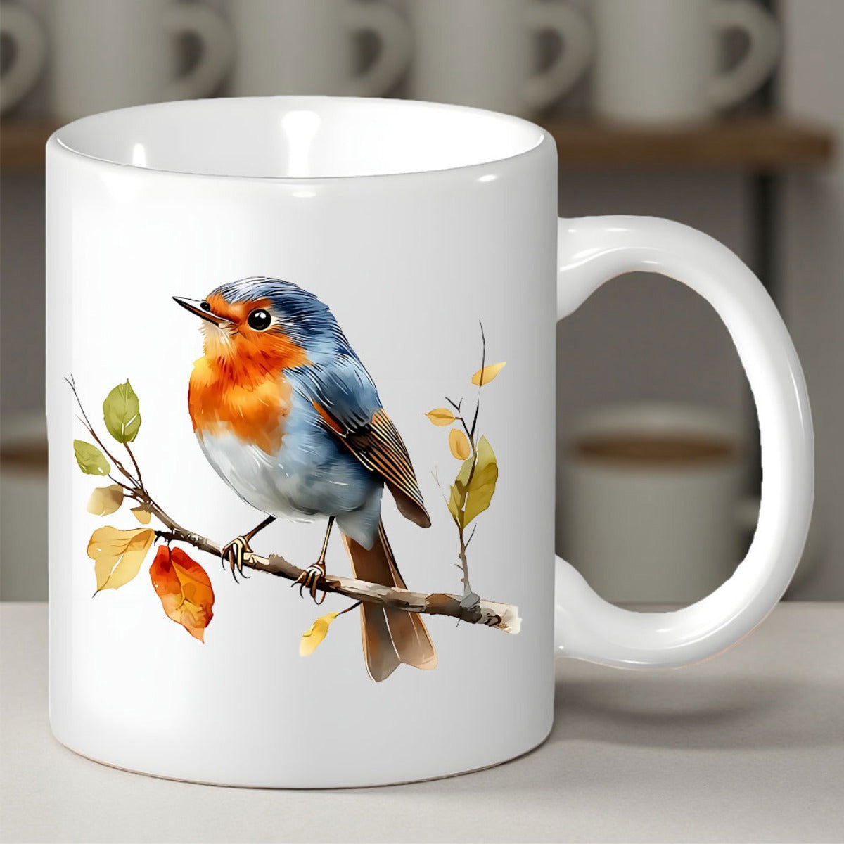 Tailorly White Ceramic 11 oz Mug - Vibrant Colorful Songbird Perched On A Delicate Branch With Autumn Leaves Robin