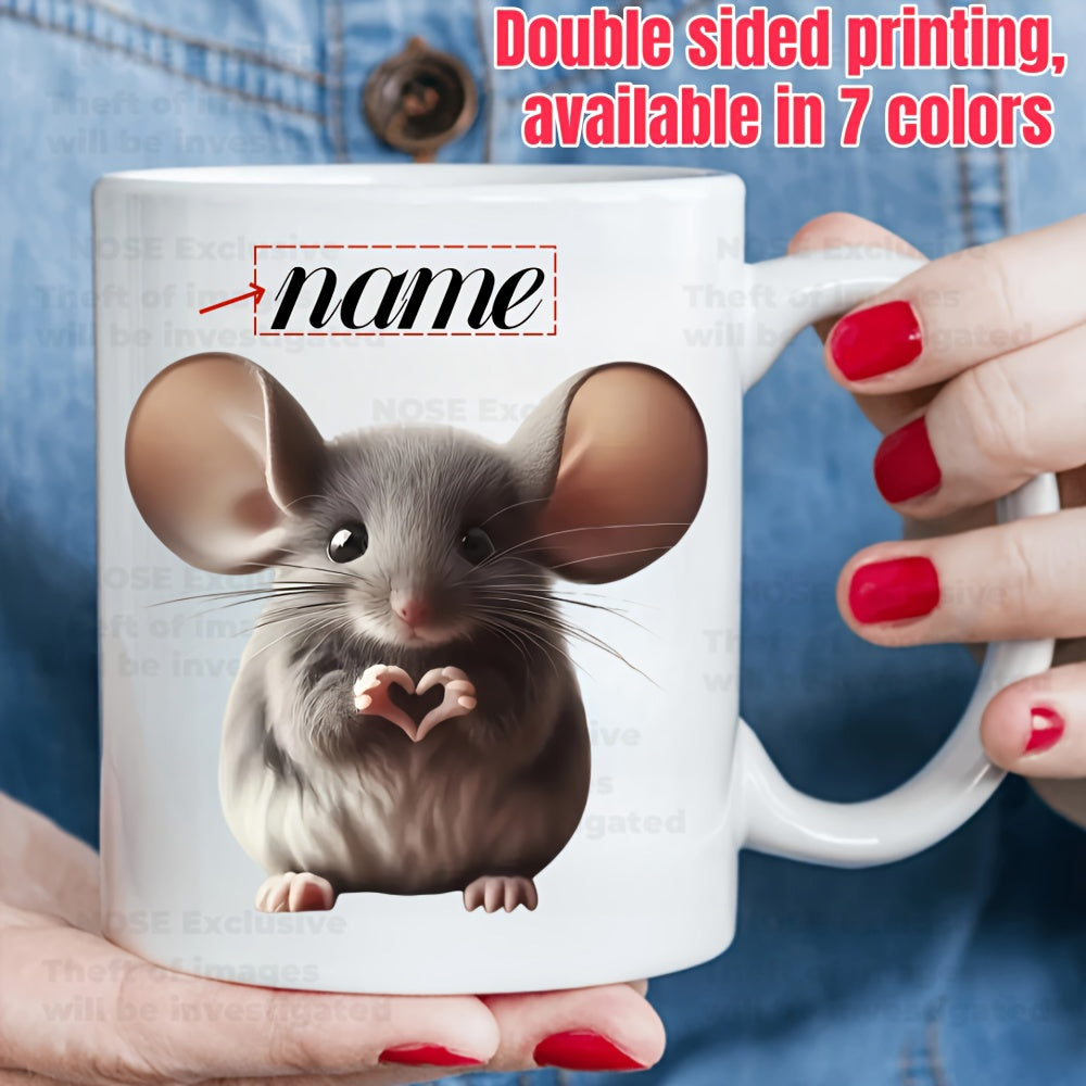 Tailorly White Ceramic 11 oz Mug - Name Adorable Fluffy Grey Mouse Crafting Heart Shape With Paws Mouse