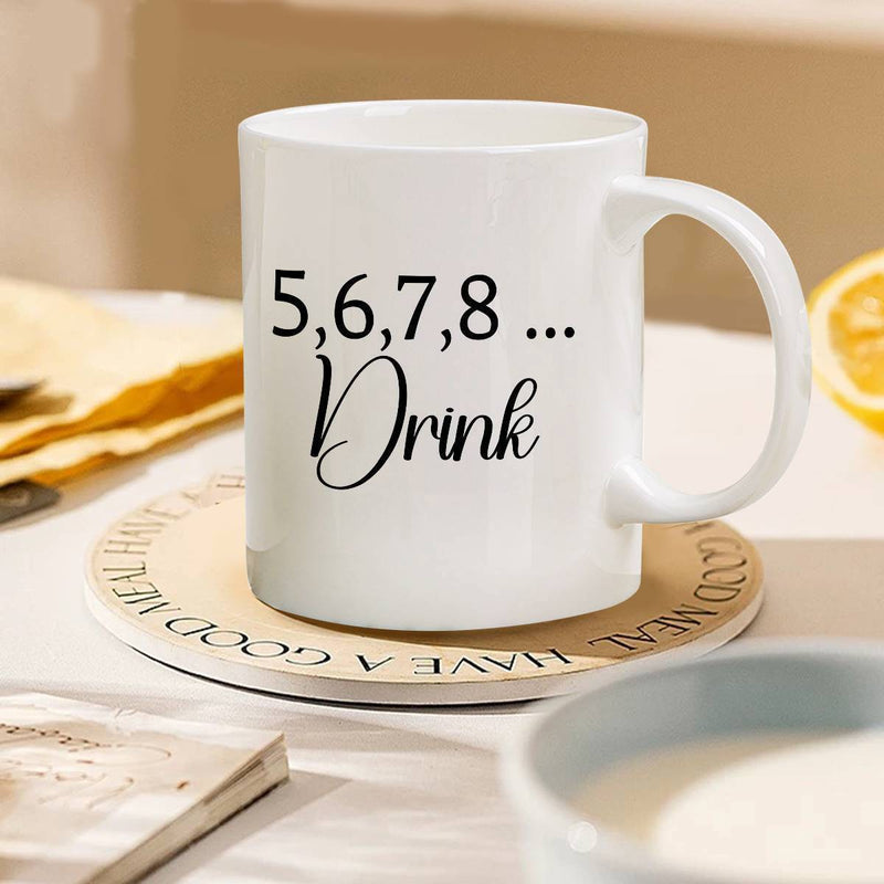 Tailorly White Ceramic 11 oz Mug - 5 6 7 8 Drink Minimalist Elegant White Ceramic Beverage Container On A Wooden Base Mug