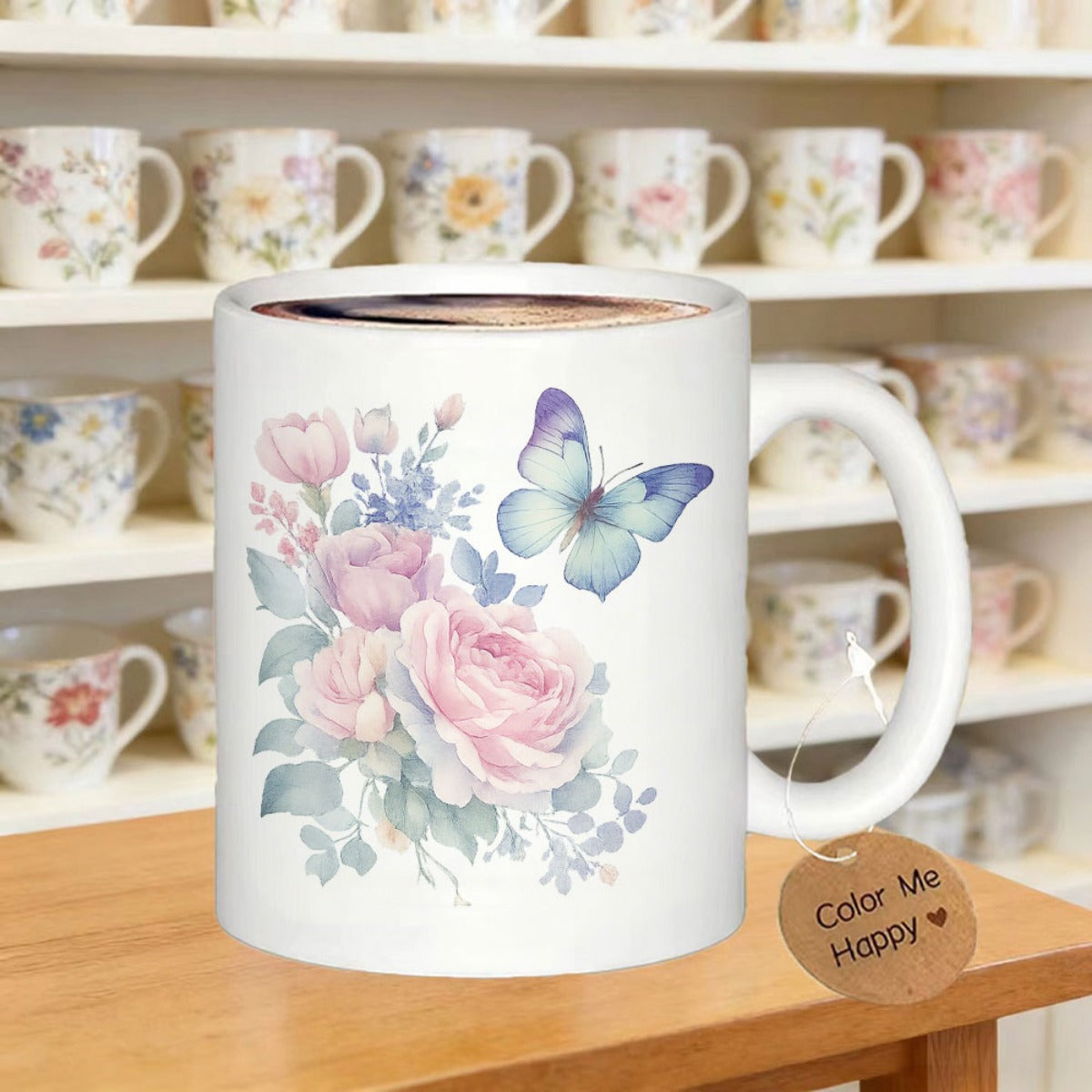 Tailorly White Ceramic 11 oz Mug - Color Me Happy Elegant Pink Watercolor Roses With A Gentle Blue Butterfly Flower