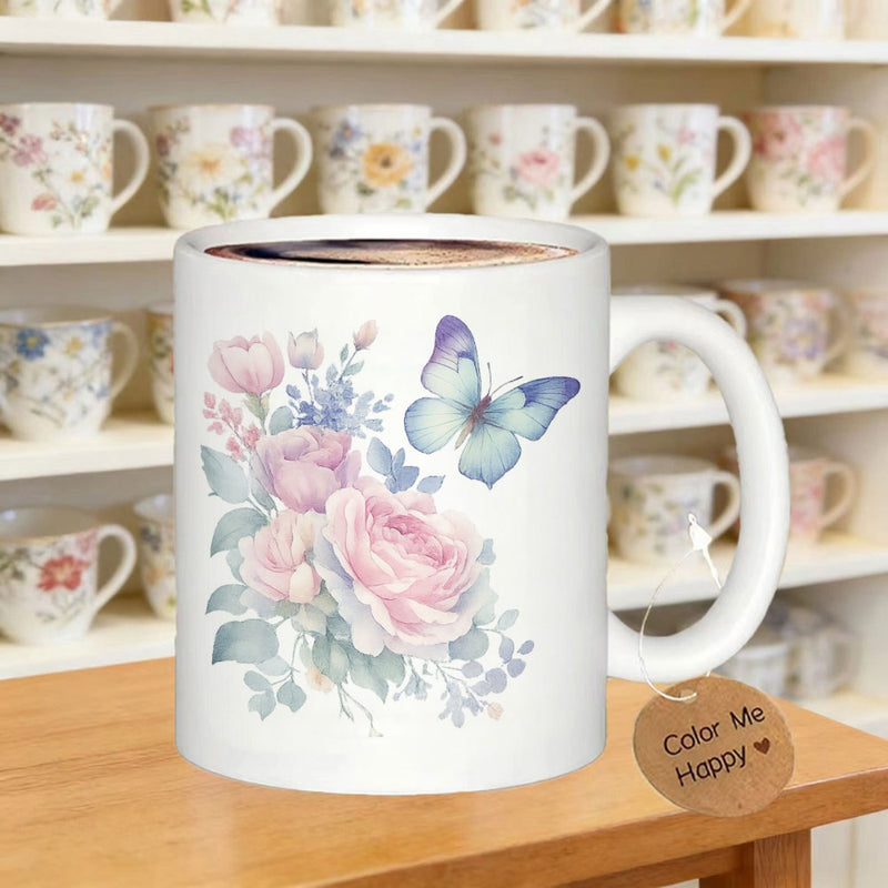Tailorly White Ceramic 11 oz Mug - Color Me Happy Elegant Pink Watercolor Roses With A Gentle Blue Butterfly Flower