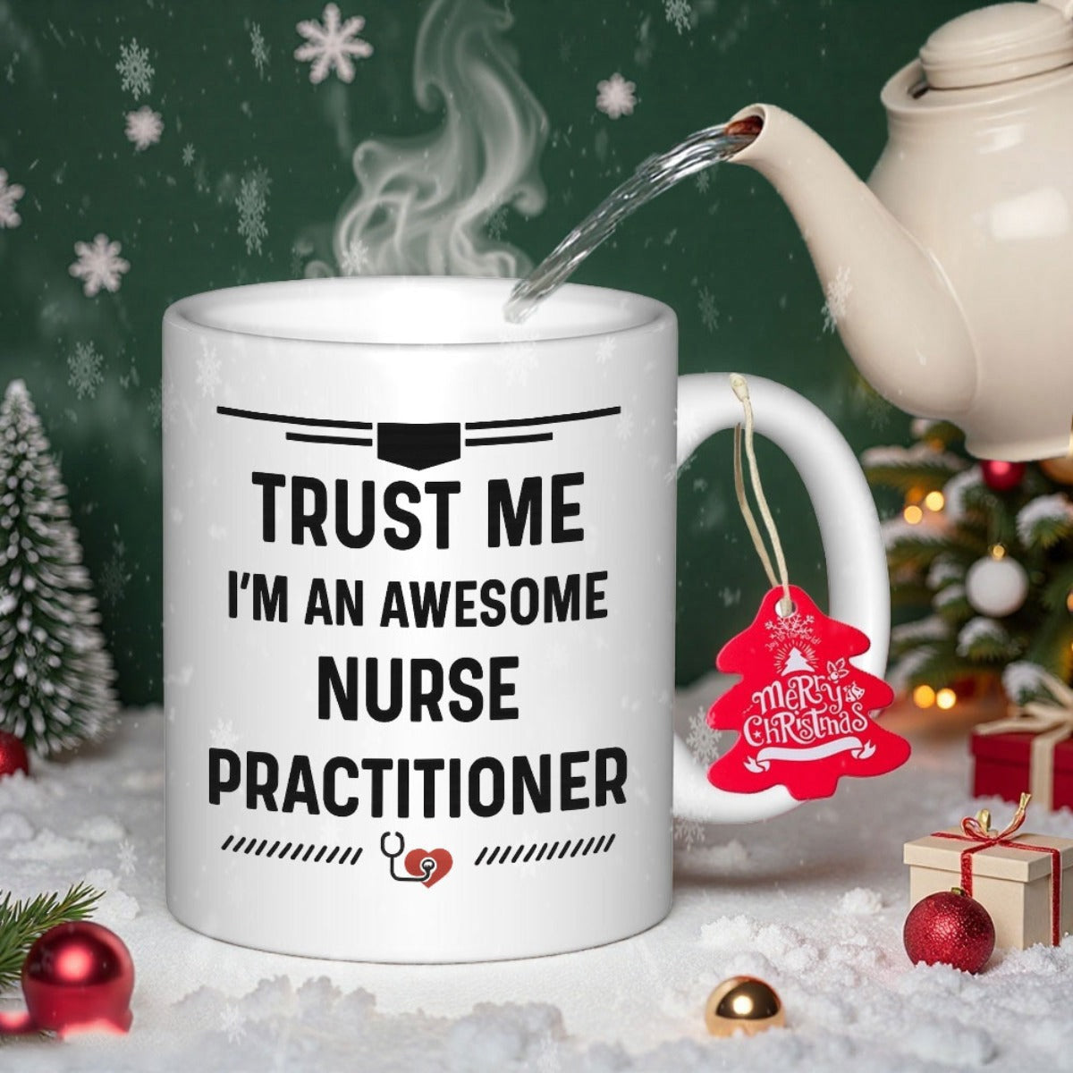 Tailorly White Ceramic 11 oz Mug - Trust Me Im An Awesome Nurse Practitioner White Ceramic Coffee Cup Featuring Medical Stethoscope And Heart Icon Mug
