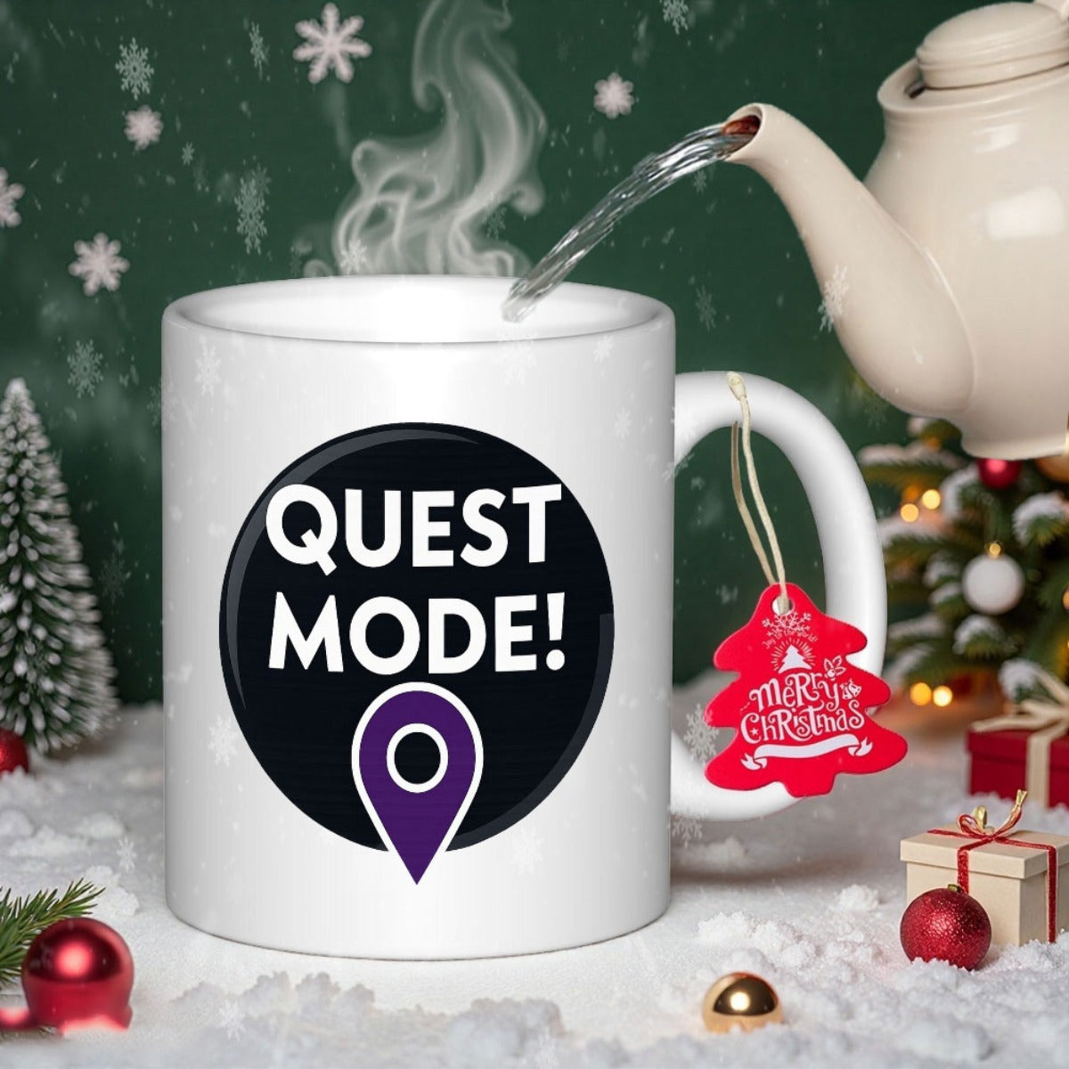 Tailorly White Ceramic 11 oz Mug - Quest Mode Sleek Circular Badge Featuring A Distinct Purple Map Location Pin Mug