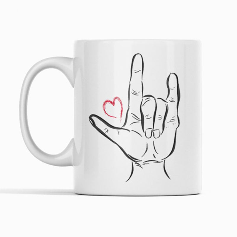 Tailorly White Ceramic 11 oz Mug - Simple Black Line Drawing Symbolizing Love With Minimalist Style Red Heart Hand