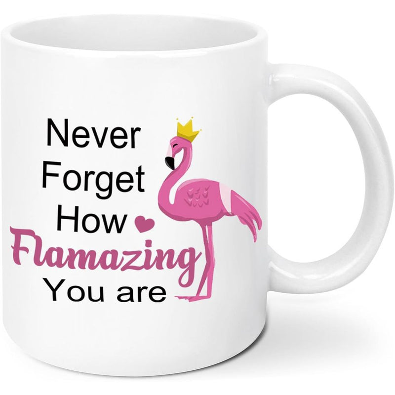 Tailorly White Ceramic 11 oz Mug - Never Forget How Flamazing You Are Elegant Pink Bird Wearing A Golden Crown With A Heart Flamingo