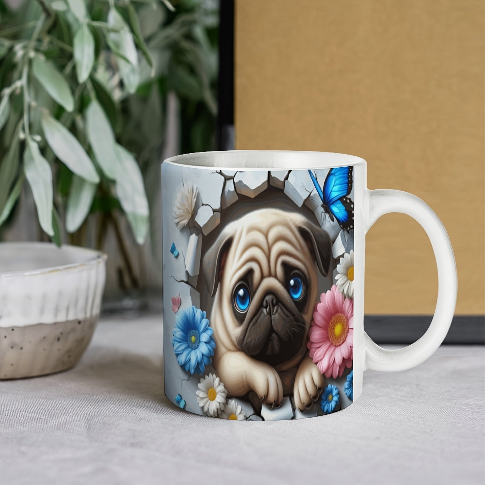 Tailorly White Ceramic 11 oz Mug - Adorable Pug Breaking Through Cracked Stone Wall Surrounded By Colorful Flowers Pug