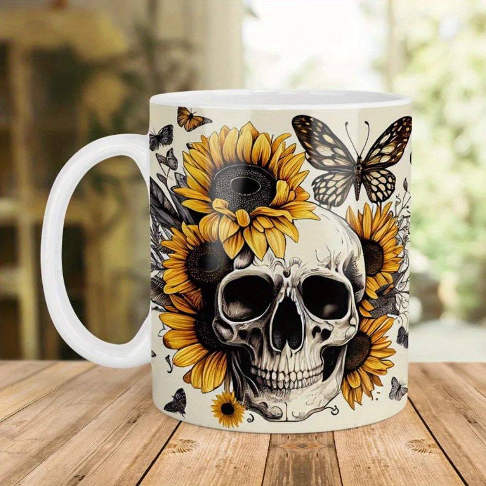 Tailorly White Ceramic 11 oz Mug - Gothic Artistic Human Skull Among Vibrant Yellow Sunflowers And Butterflies Skull