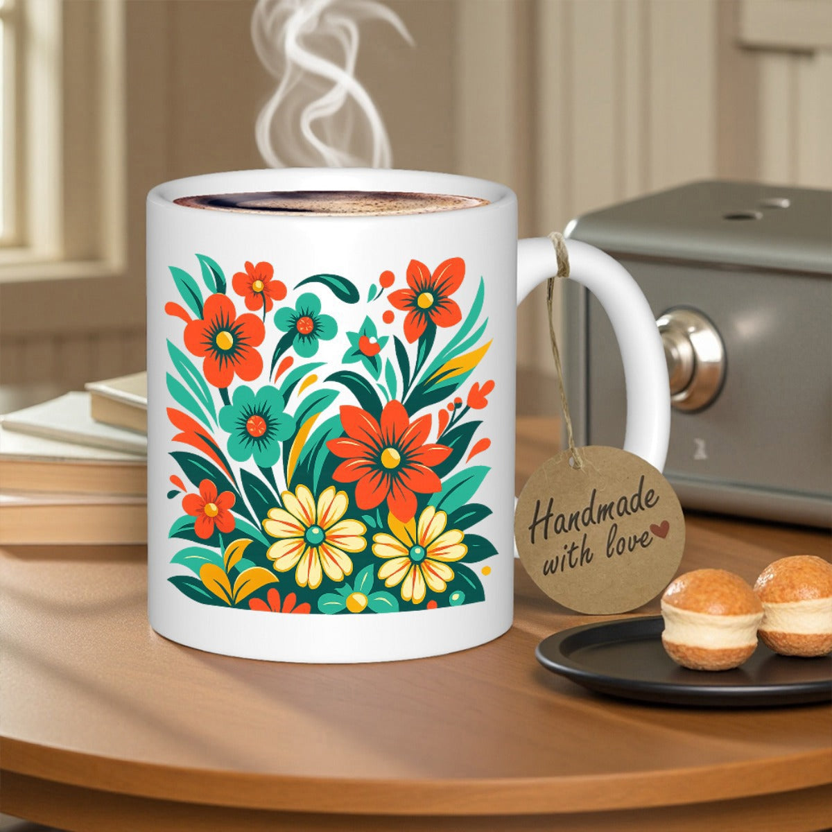 Tailorly White Ceramic 11 oz Mug - Handmade With Love Vibrant Orange And Yellow Blooming Petals Among Lush Green Teal Leaves Flower