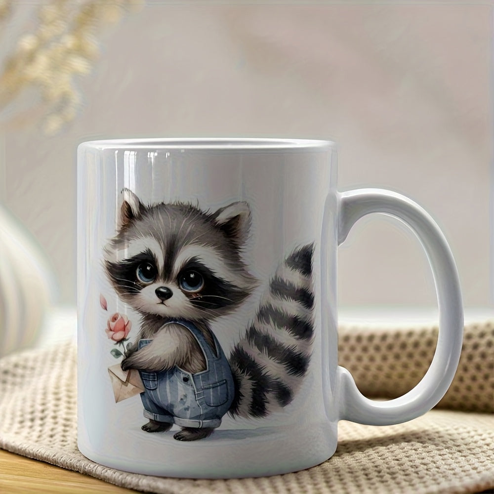 Tailorly White Ceramic 11 oz Mug - Adorable Little Raccoon Wearing Blue Denim Overalls Holding A Pink Rose Raccoon