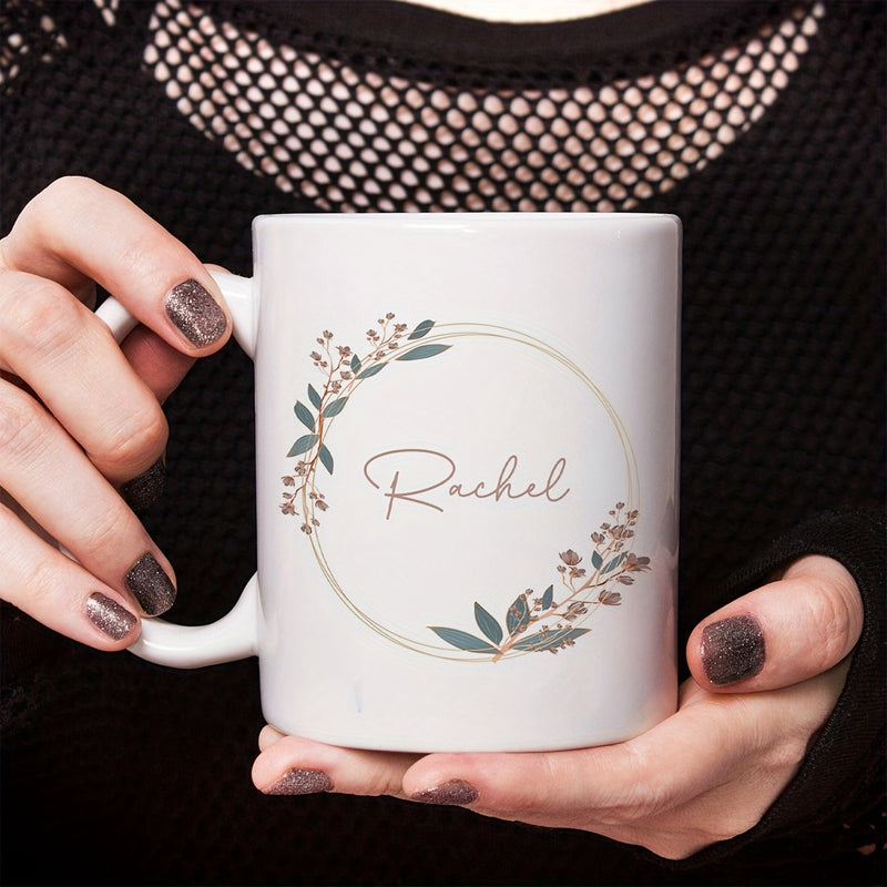 Tailorly White Ceramic 11 oz Mug - Rachel Elegant Circular Floral Wreath Featuring Delicate Green Leaves And Small Blossoms Wreath