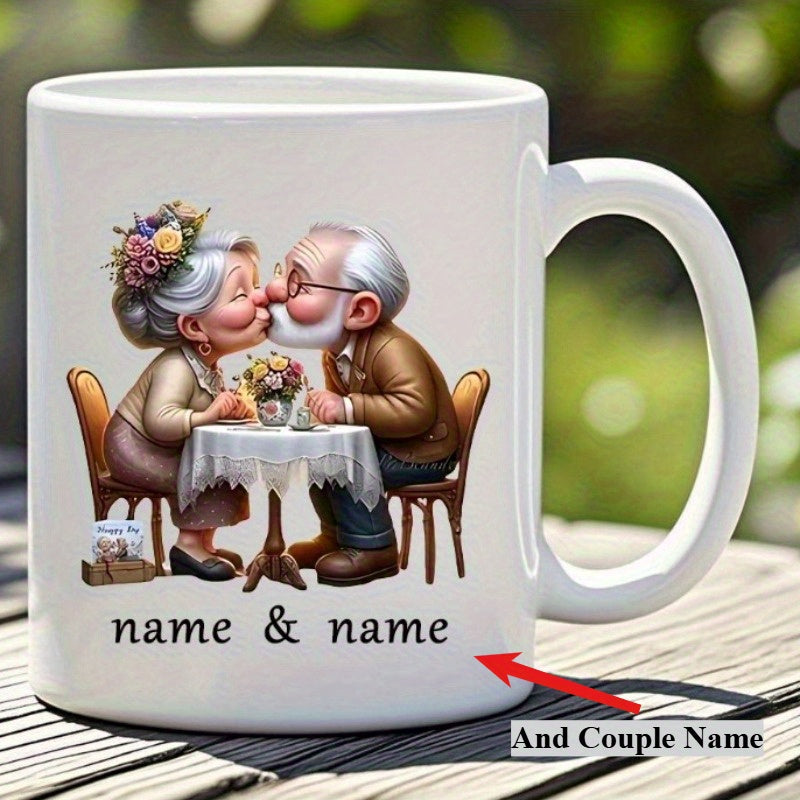 Tailorly White Ceramic 11 oz Mug - Name And Name Adorable Elderly Couple Kissing At A Small Table With Flowers Couple