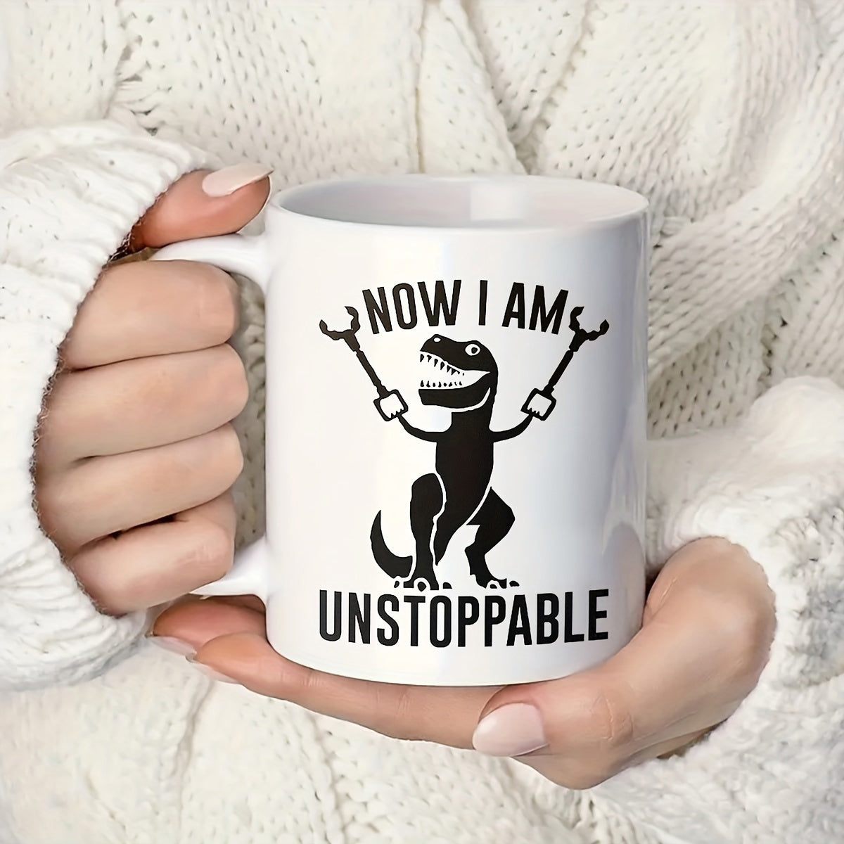 Tailorly White Ceramic 11 oz Mug - Now I Am Unstoppable Funny Black Silhouette Holding Reach Extender Tools Dinosaur