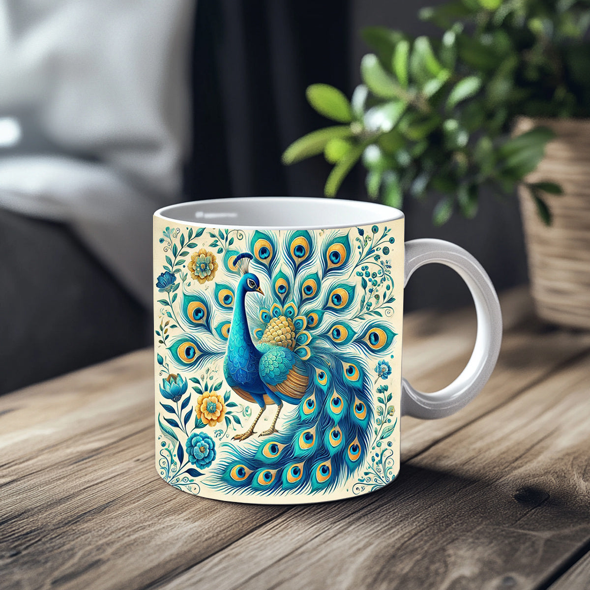 Tailorly White Ceramic 11 oz Mug - Elegant Vibrant Blue Plumage Surrounded By Golden Ornamental Floral Patterns Majestic Peacock