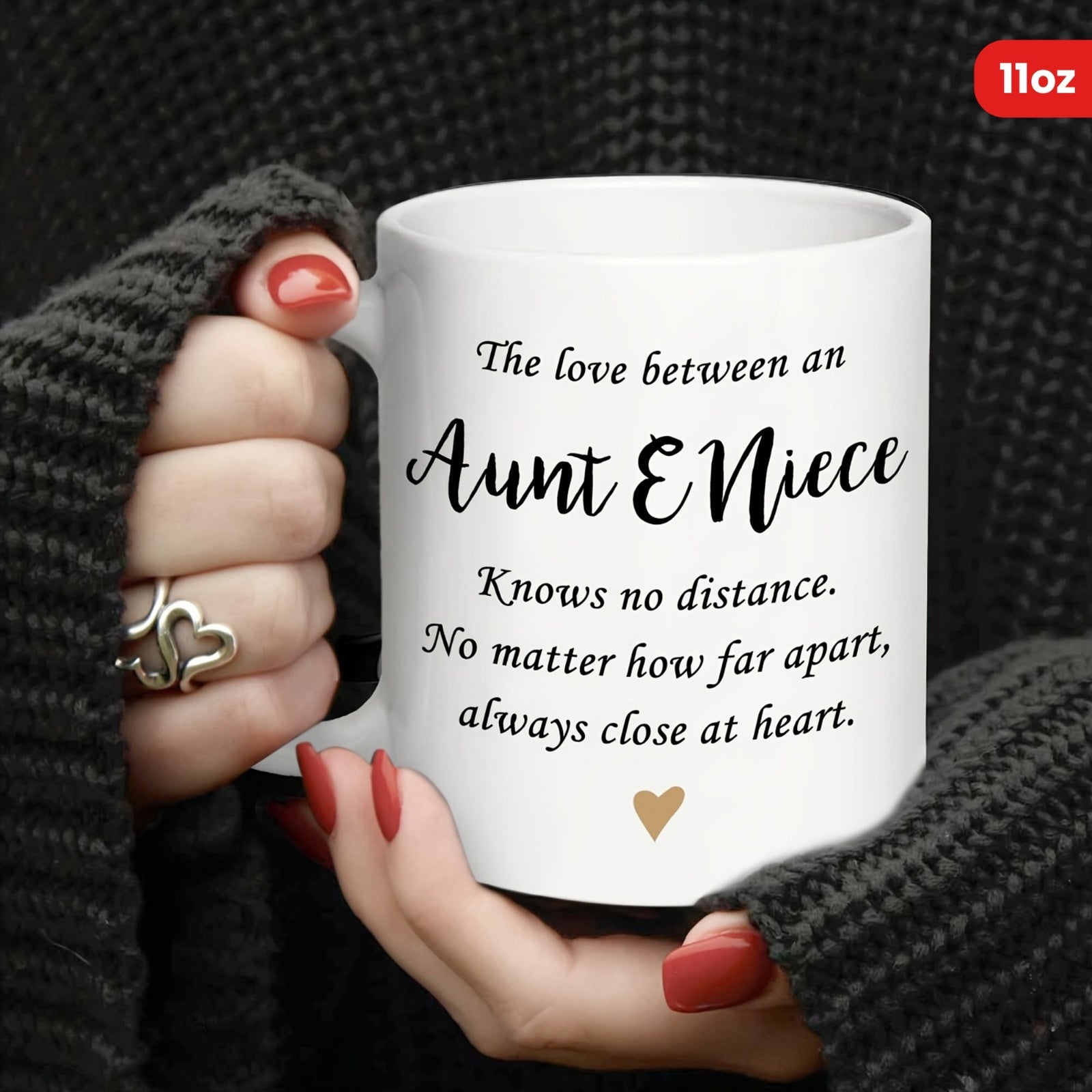 Tailorly White Ceramic 11 oz Mug - The Love Between An Aunt Niece Knows No Distance No Matter How Far Apart Always Close At Heart Minimalist Golden Heart Floating
