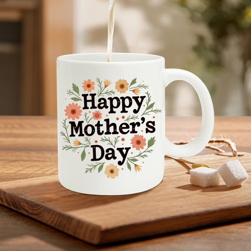 Tailorly White Ceramic 11 oz Mug - Happy Mother's Day Blooming Garden Flowers With Elegant Green Leaves And Botanical Details Mug