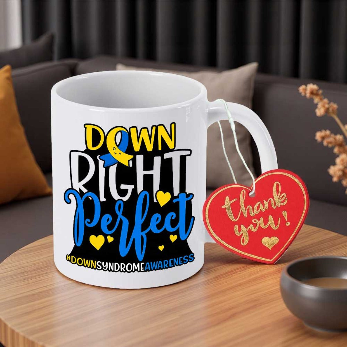 Tailorly White Ceramic 11 oz Mug - Down Right Perfect Down Syndrome Awareness Vibrant Blue And Yellow Awareness Ribbon Among Small Golden Hearts Ribbon