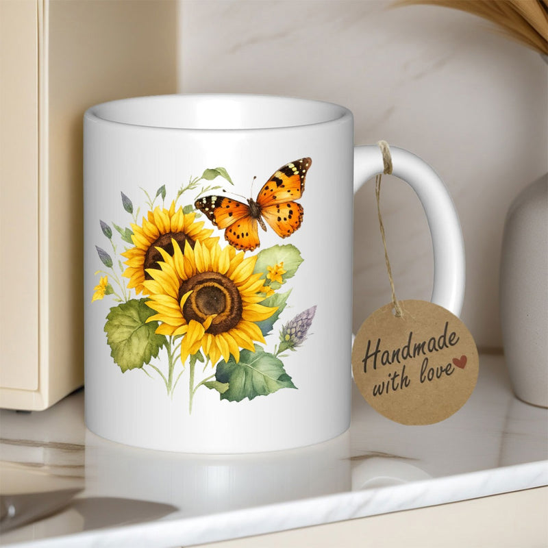 Tailorly White Ceramic 11 oz Mug - Vibrant Yellow Petals With Delicate Butterfly Dancing Over Green Leaves Sunflower