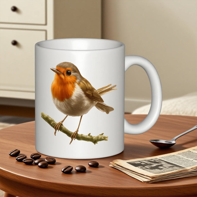 Tailorly White Ceramic 11 oz Mug - Charming Realistic Bird Perching Quietly On A Small Textured Natural Branch Robin