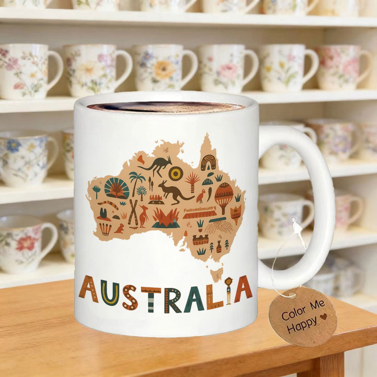 Tailorly White Ceramic 11 oz Mug - Australia Detailed Geographic Continent Silhouette Filled With Native Wildlife Icons Map