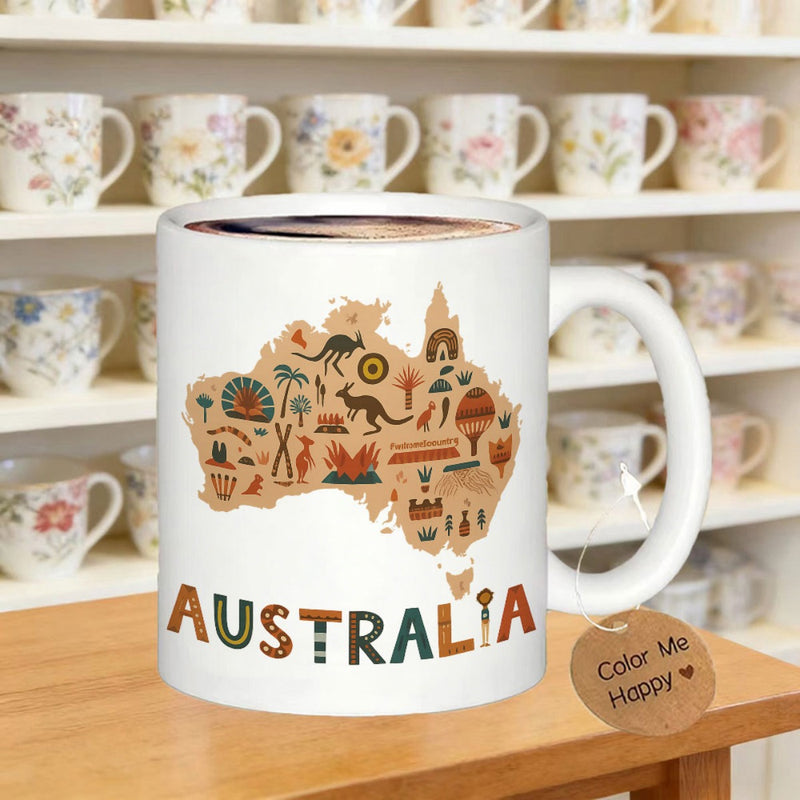 Tailorly White Ceramic 11 oz Mug - Australia Detailed Geographic Continent Silhouette Filled With Native Wildlife Icons Map