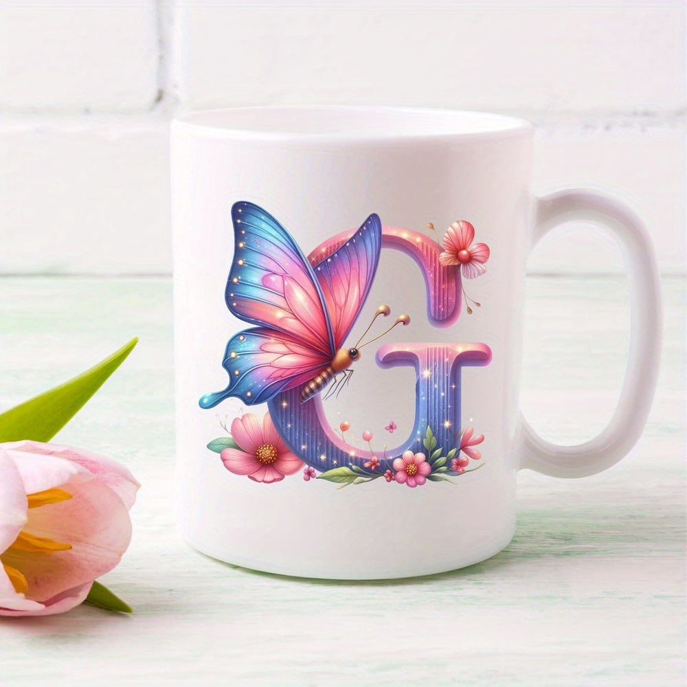 Tailorly White Ceramic 11 oz Mug - G Vibrant Colorful Wings Resting On Floral Letter Monogram Design Elegant Butterfly