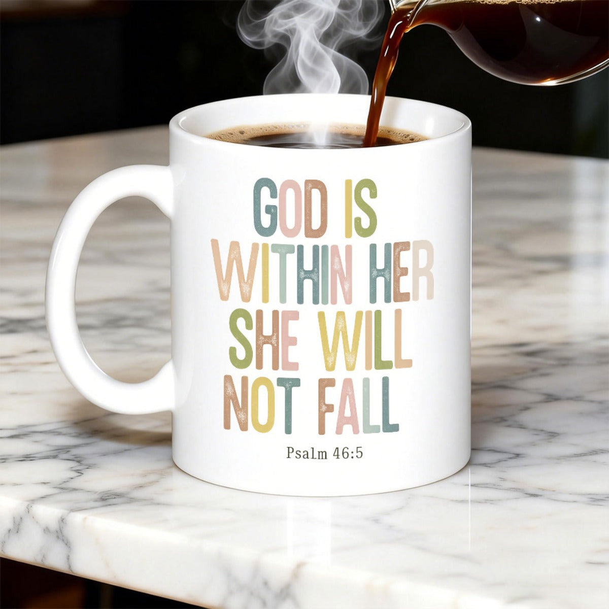 Tailorly White Ceramic 11 oz Mug - God Is Within Her She Will Not Fall Psalm 46 5 Elegant Pure Featuring Colorful Pastoral Inspirational Typography Mug