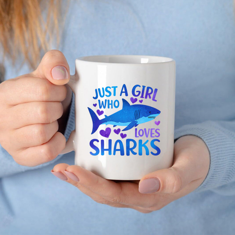 Tailorly White Ceramic 11 oz Mug - Just A Girl Who Loves Sharks Blue Ocean Creature Swimming Gracefully Surrounded By Small Purple Hearts Shark