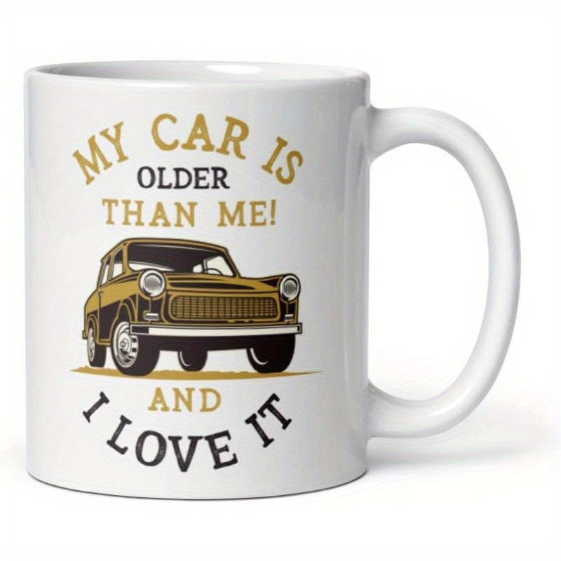 Tailorly White Ceramic 11 oz Mug - My Car Is Older Than Me And I Love It Hand Drawn Vintage Yellow Sedan Resting On Minimalist Ground Line Pattern Car