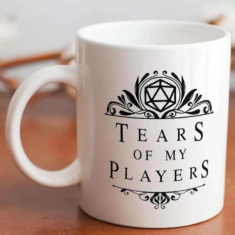 Tailorly White Ceramic 11 oz Mug - Tears Of My Players Intricate Ornate Scrolls Surrounding A Geometric Symmetrical Polyhedral Gaming Die