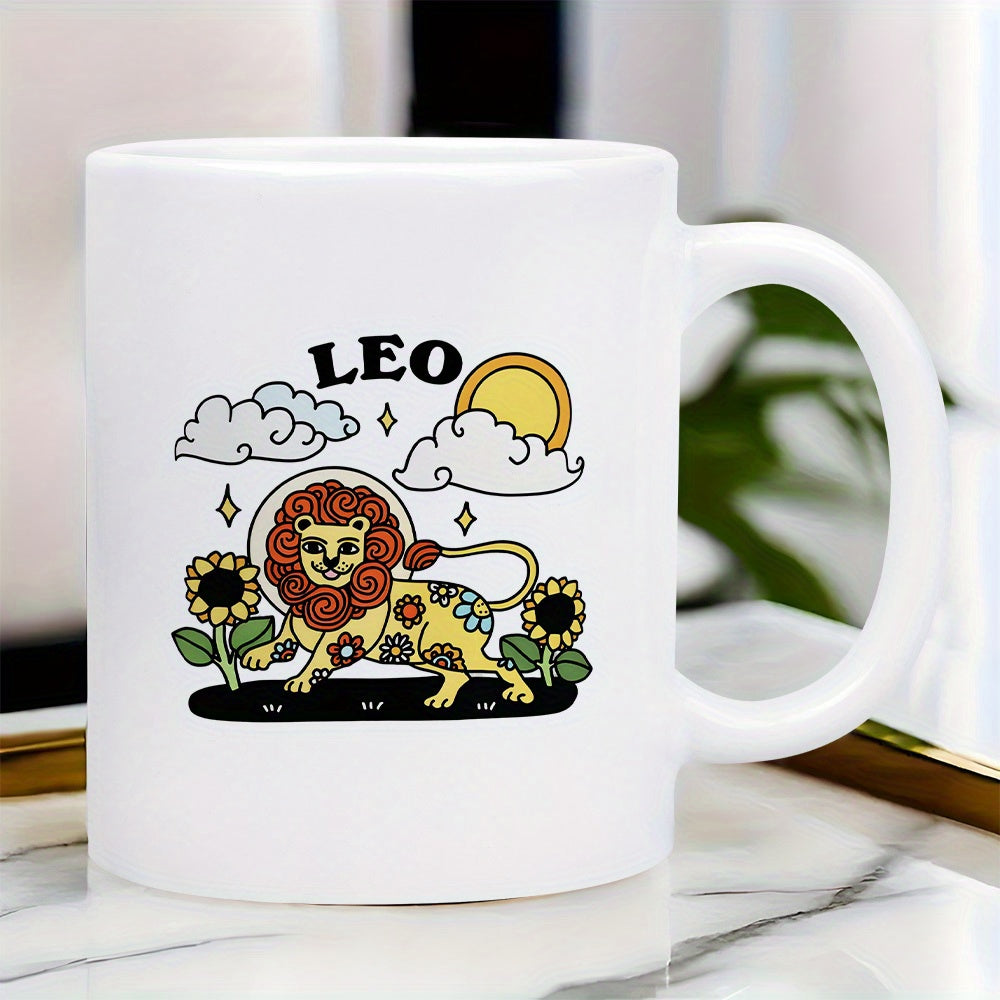 Tailorly White Ceramic 11 oz Mug - Leo Whimsical Floral Character Standing Between Golden Sunflowers Under Sunny Sky Lion