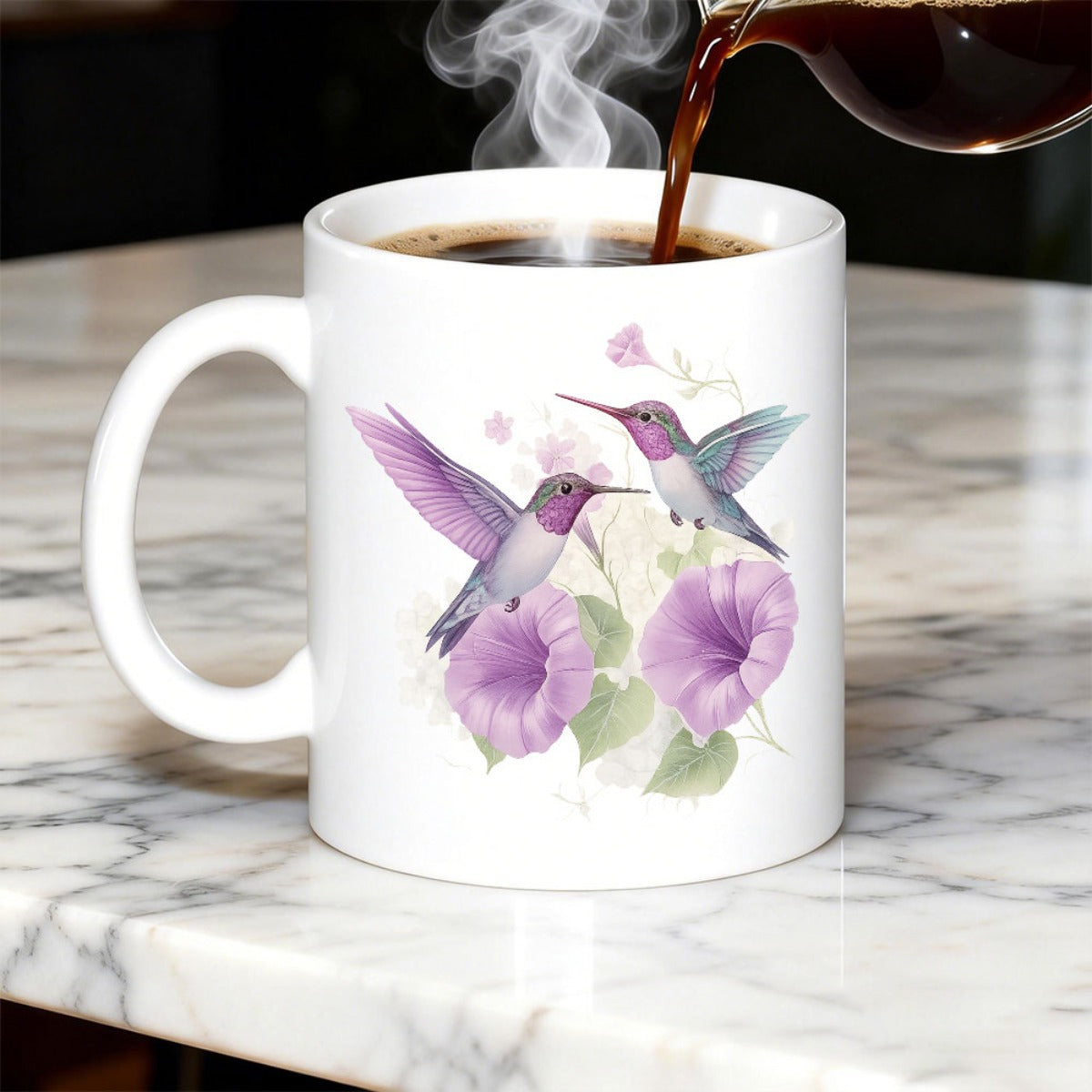 Tailorly White Ceramic 11 oz Mug - Delicate Watercolor Morning Glory Flowers With Two Graceful Vibrant Purple Hummingbird