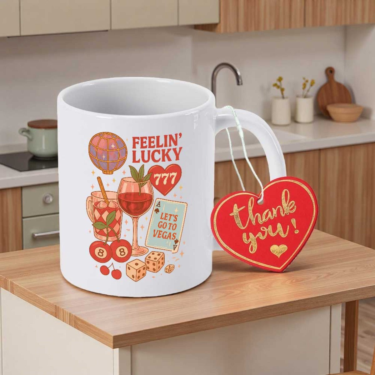 Tailorly White Ceramic 11 oz Mug - Feelin Lucky Lets Go To Vegas Vibrant Retro Icons With Gambling Dice And Cherries Among Cocktail Mug