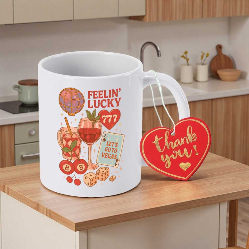 Tailorly White Ceramic 11 oz Mug - Feelin Lucky Lets Go To Vegas Vibrant Retro Icons With Gambling Dice And Cherries Among Cocktail Mug