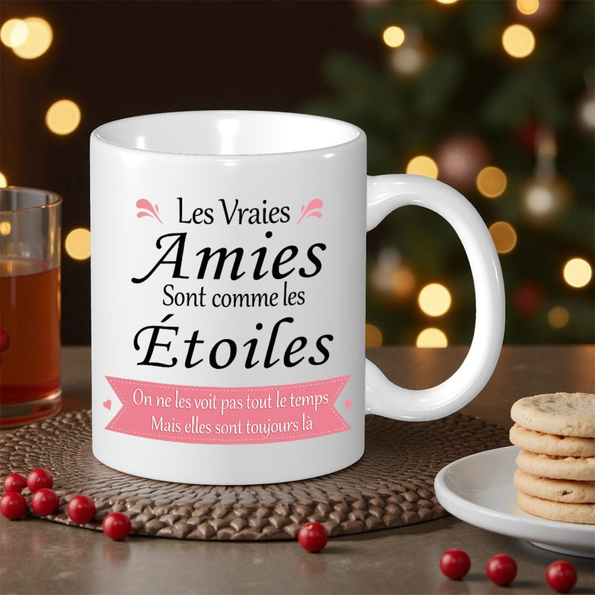 Tailorly White Ceramic 11 oz Mug - Elegant Scripted Lettering Decorated With Pink Ribbon On A Minimalist Mug