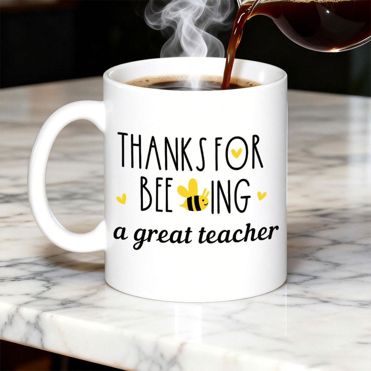 Tailorly White Ceramic 11 oz Mug - Thanks For Beeing A Great Teacher Cute Yellow Striped Flying Insect Surrounded By Tiny Floating Hearts Bee