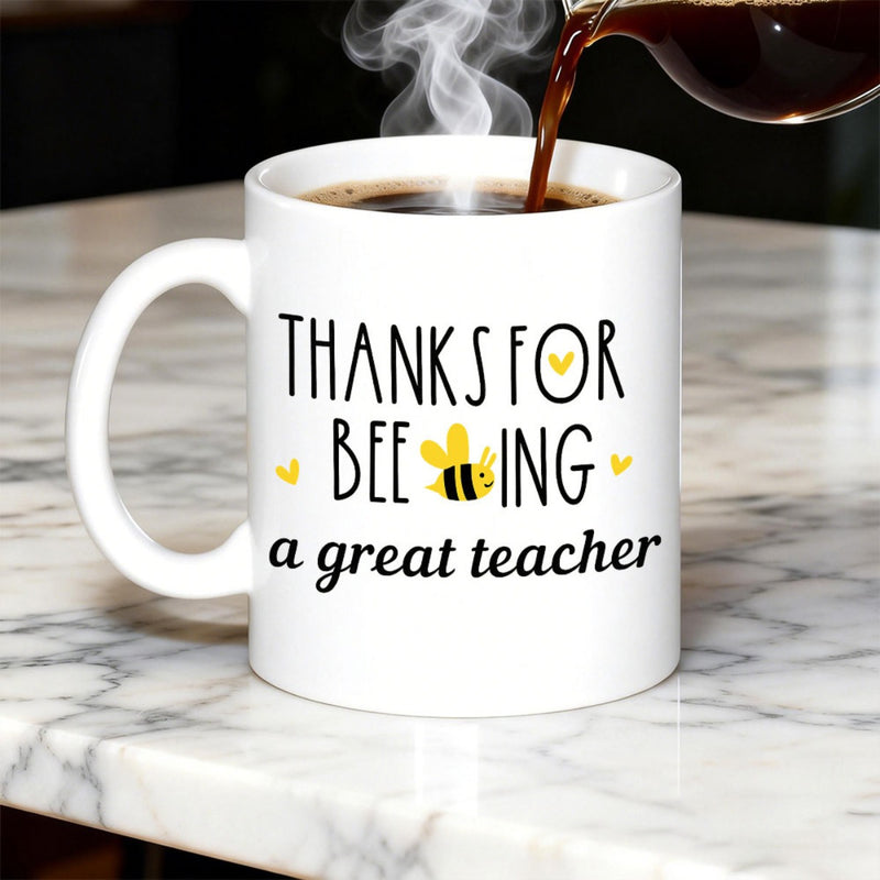 Tailorly White Ceramic 11 oz Mug - Thanks For Beeing A Great Teacher Cute Yellow Striped Flying Insect Surrounded By Tiny Floating Hearts Bee