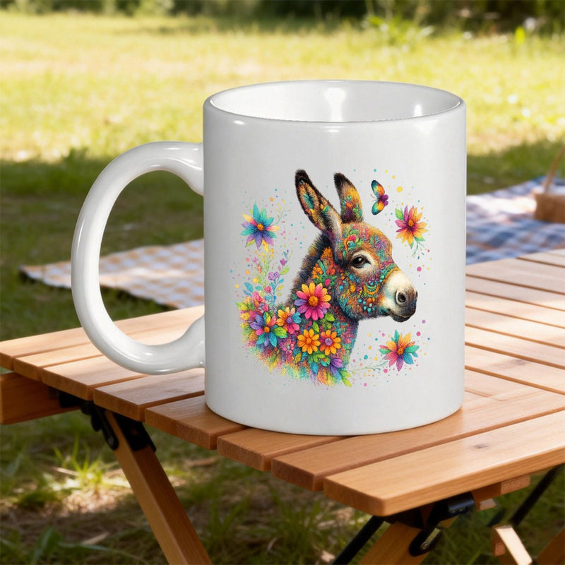 Tailorly White Ceramic 11 oz Mug - Colorful Artistic Portrait With Vibrant Floral Accents And Detailed Textured Fur Donkey