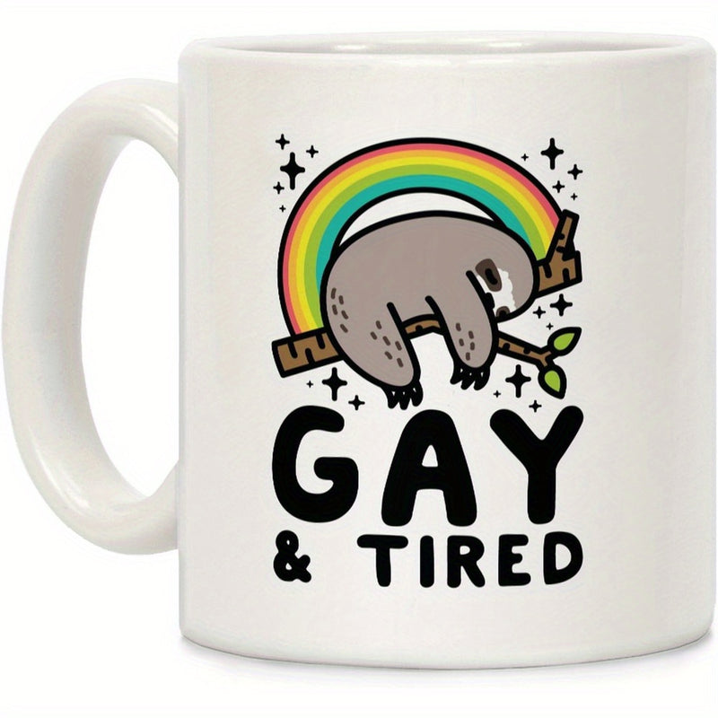 Tailorly White Ceramic 11 oz Mug - Gay Tired Sleeping Peacefully On Branch Under Colorful Arching Rainbow Sloth
